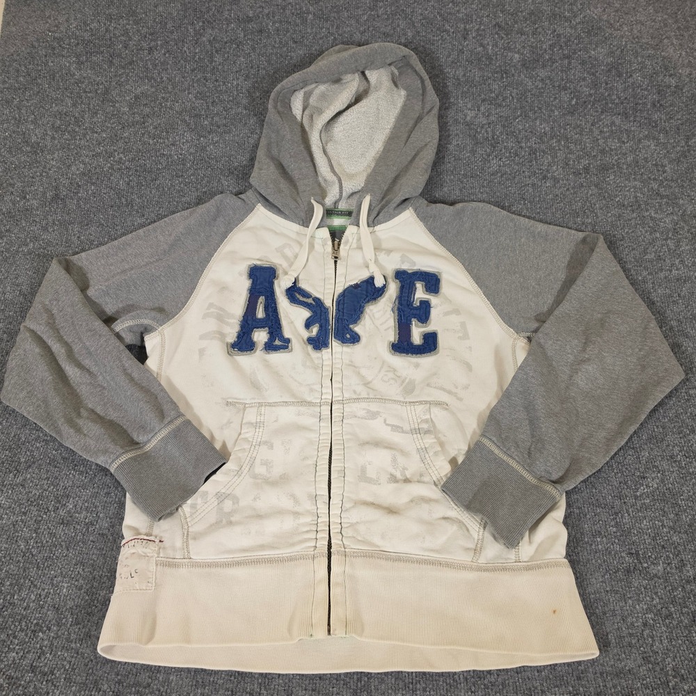 2000s American Eagle Mens Vintage Fit Eagle Fleece Full Zip Hoodie Cream M Flaws